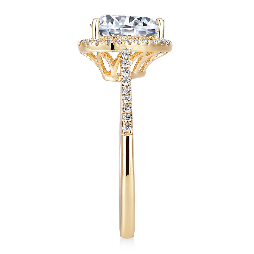 Heart and Round Brilliant halo engagement ring with 1.94 carats* of diamond simulants in 14 carat yellow gold