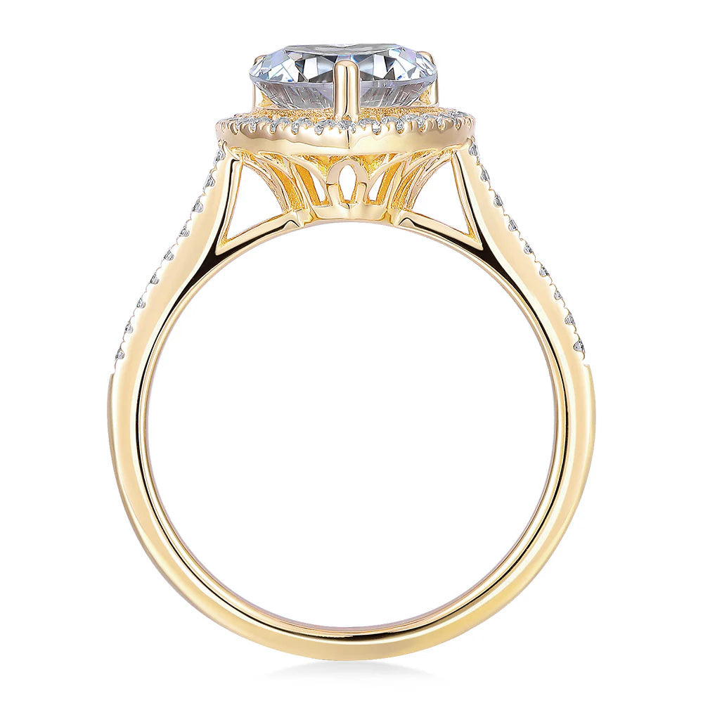 Heart and Round Brilliant halo engagement ring with 1.94 carats* of diamond simulants in 14 carat yellow gold