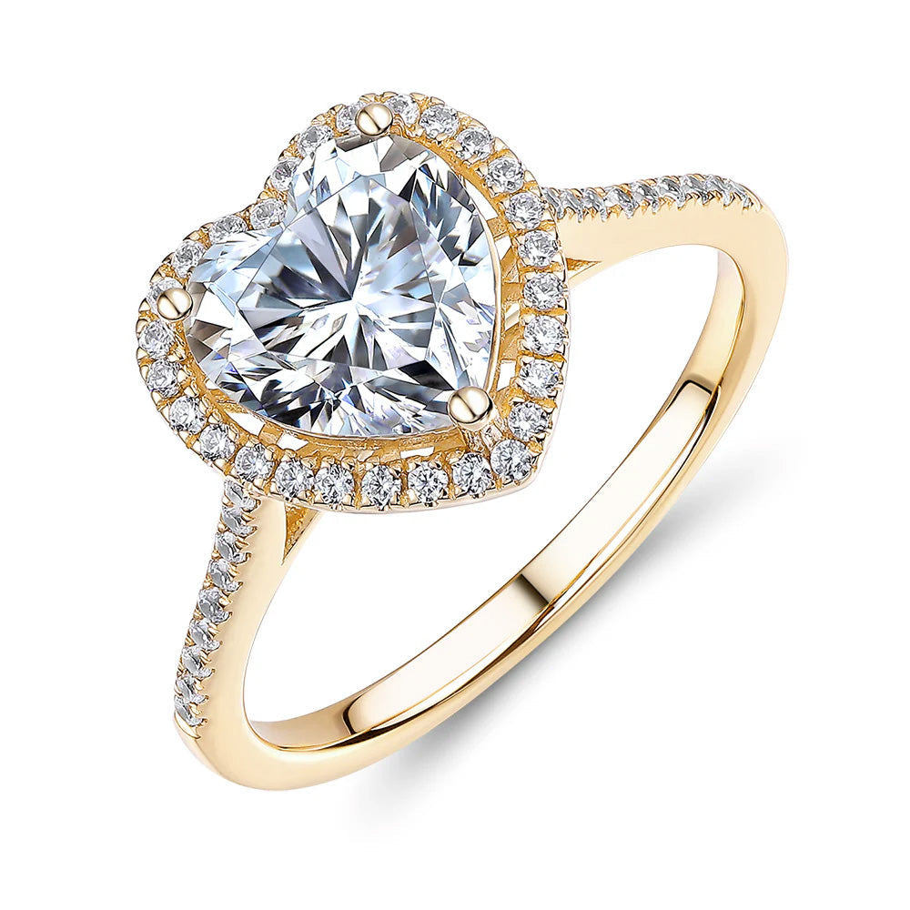 Heart and Round Brilliant halo engagement ring with 1.94 carats* of diamond simulants in 14 carat yellow gold