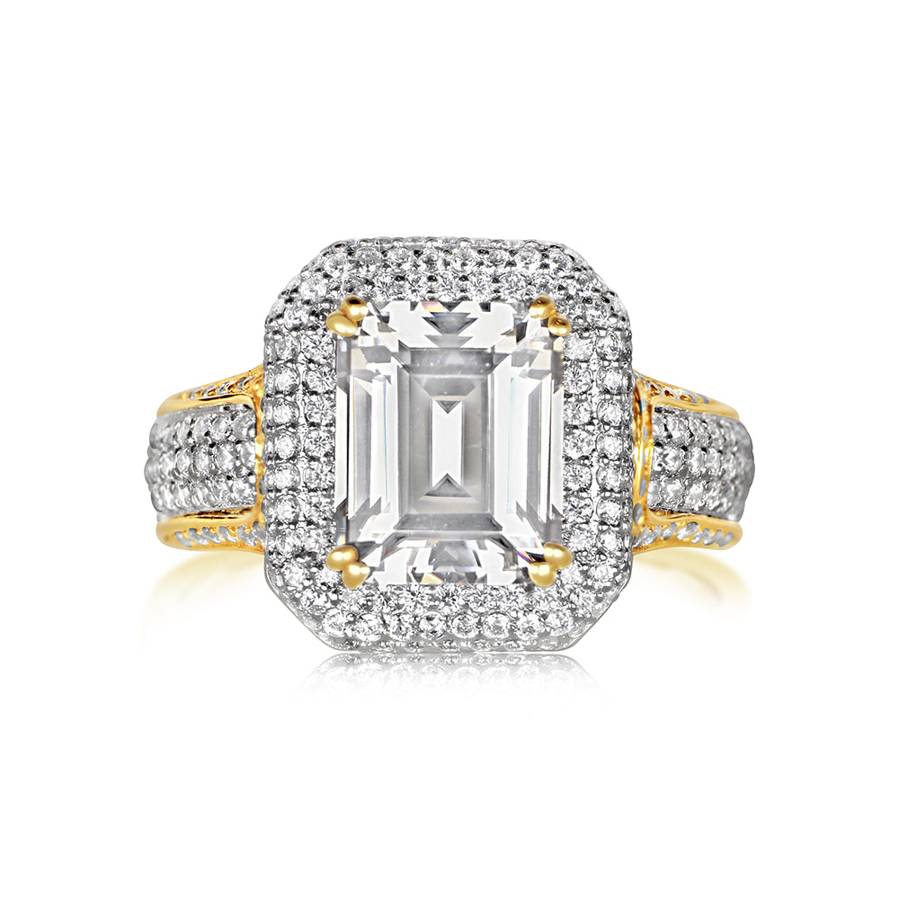 Emerald and round brilliant pave dress ring in 10 carat yellow gold and sterling silver