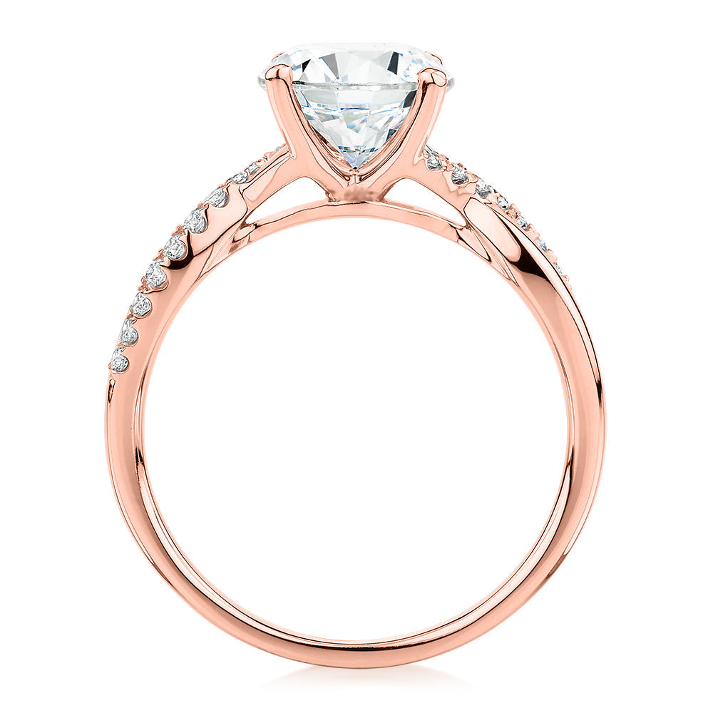 Round Brilliant shouldered engagement ring with 2.17 carats* of diamond simulants in 14 carat rose gold