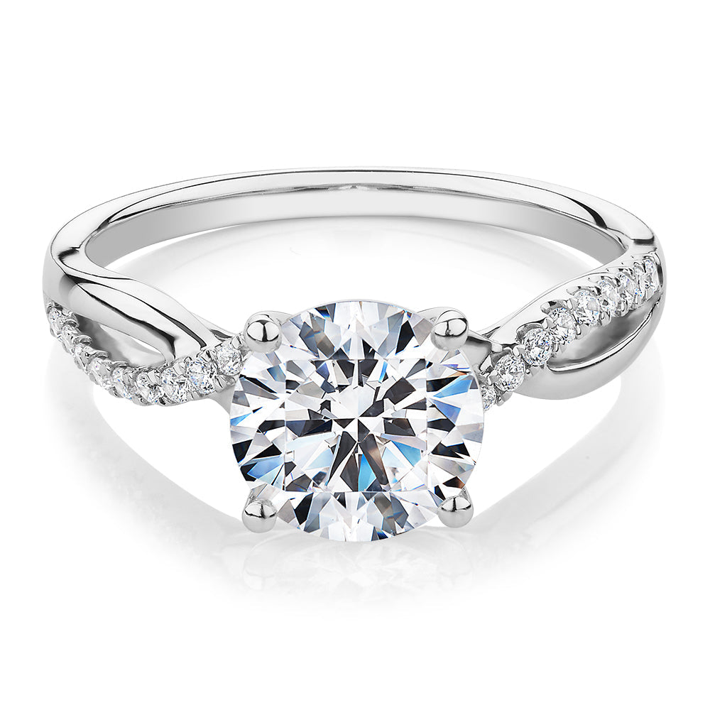 Round Brilliant shouldered engagement ring with 2.17 carats* of diamond simulants in 14 carat white gold