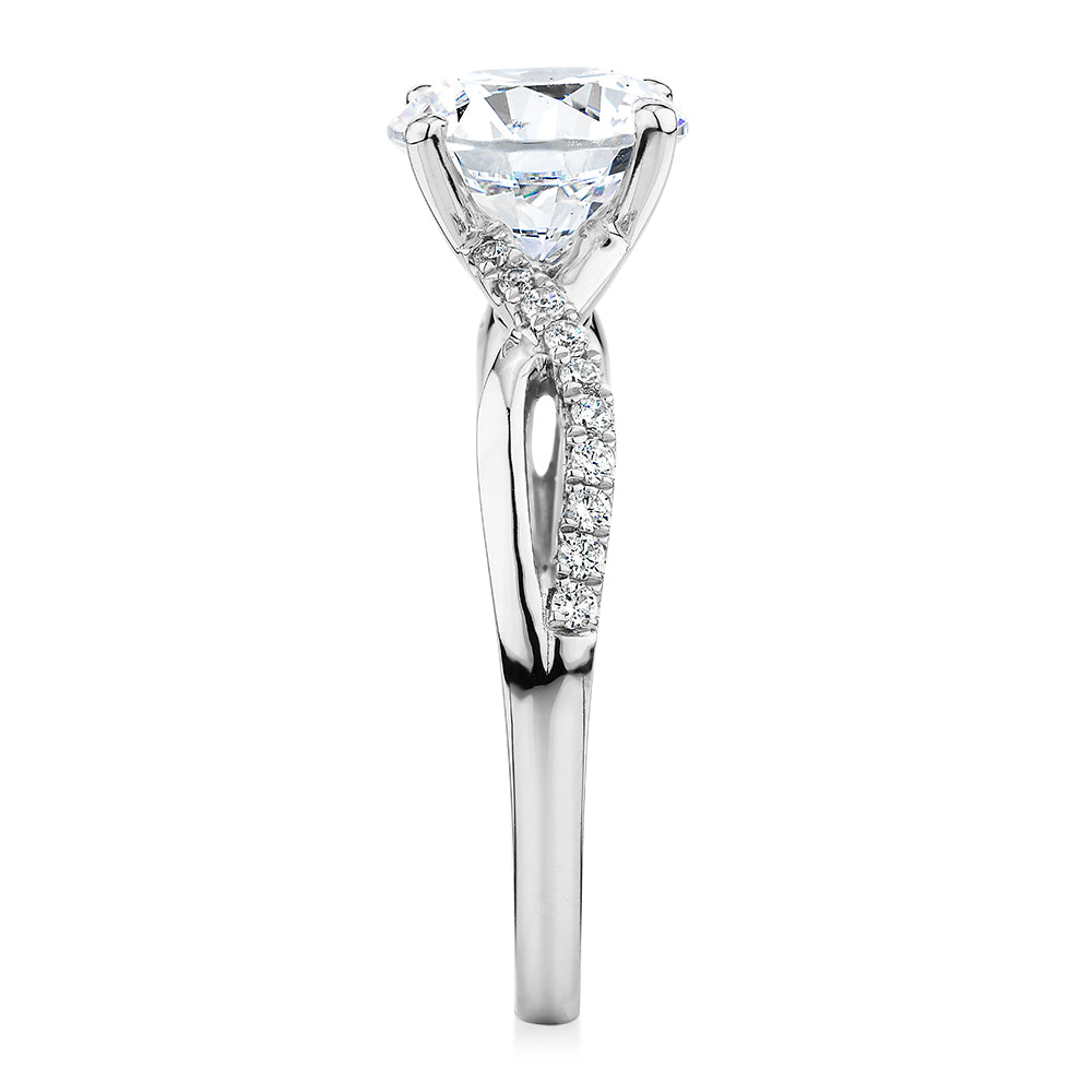Round Brilliant shouldered engagement ring with 2.17 carats* of diamond simulants in 14 carat white gold