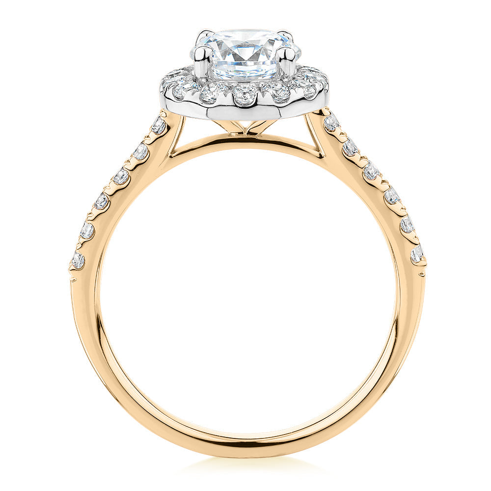 Round Brilliant halo engagement ring with 1.61 carats* of diamond simulants in 14 carat yellow and white gold
