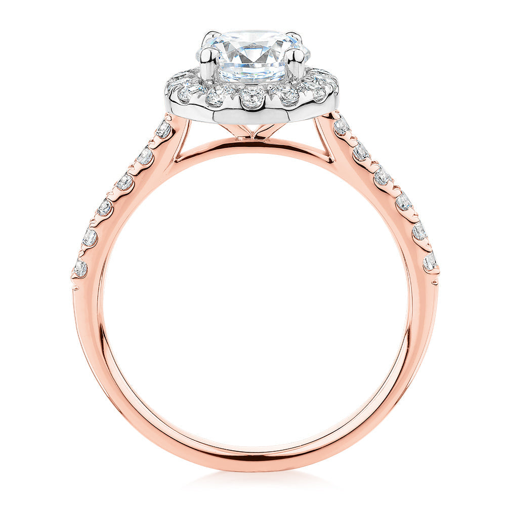 Round Brilliant halo engagement ring with 1.61 carats* of diamond simulants in 14 carat rose and white gold