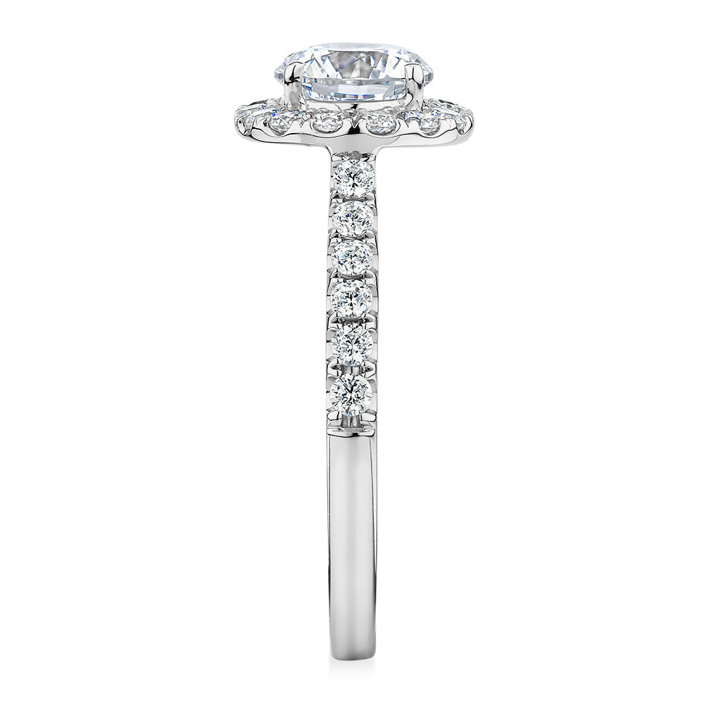 Round Brilliant halo engagement ring with 1.61 carats* of diamond simulants in 14 carat white gold