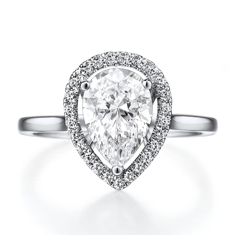Pear and Round Brilliant Cut Halo Engagement Ring with Plain Band in 14ct White Gold