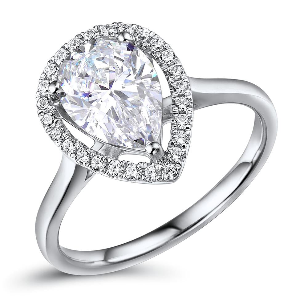 Pear and Round Brilliant halo engagement ring with 1.99 carats* of diamond simulants in 14 carat white gold