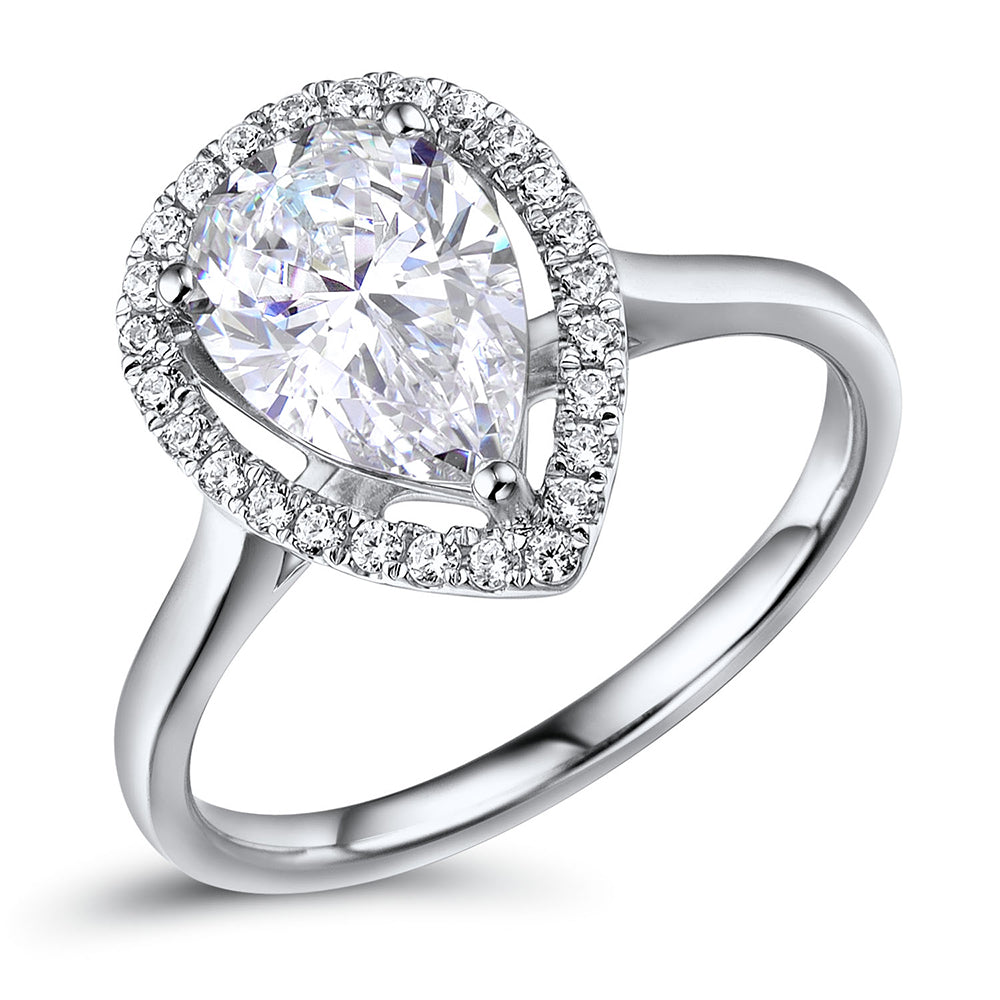 Pear and Round Brilliant Cut Halo Engagement Ring with Plain Band in 14ct White Gold