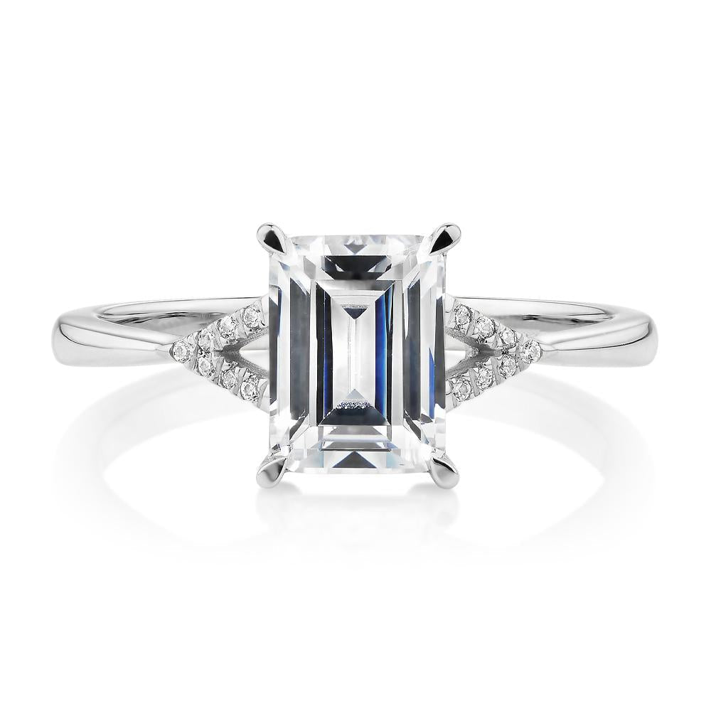 Emerald Cut and Round Brilliant shouldered engagement ring with 1.78 carats* of diamond simulants in 14 carat white gold