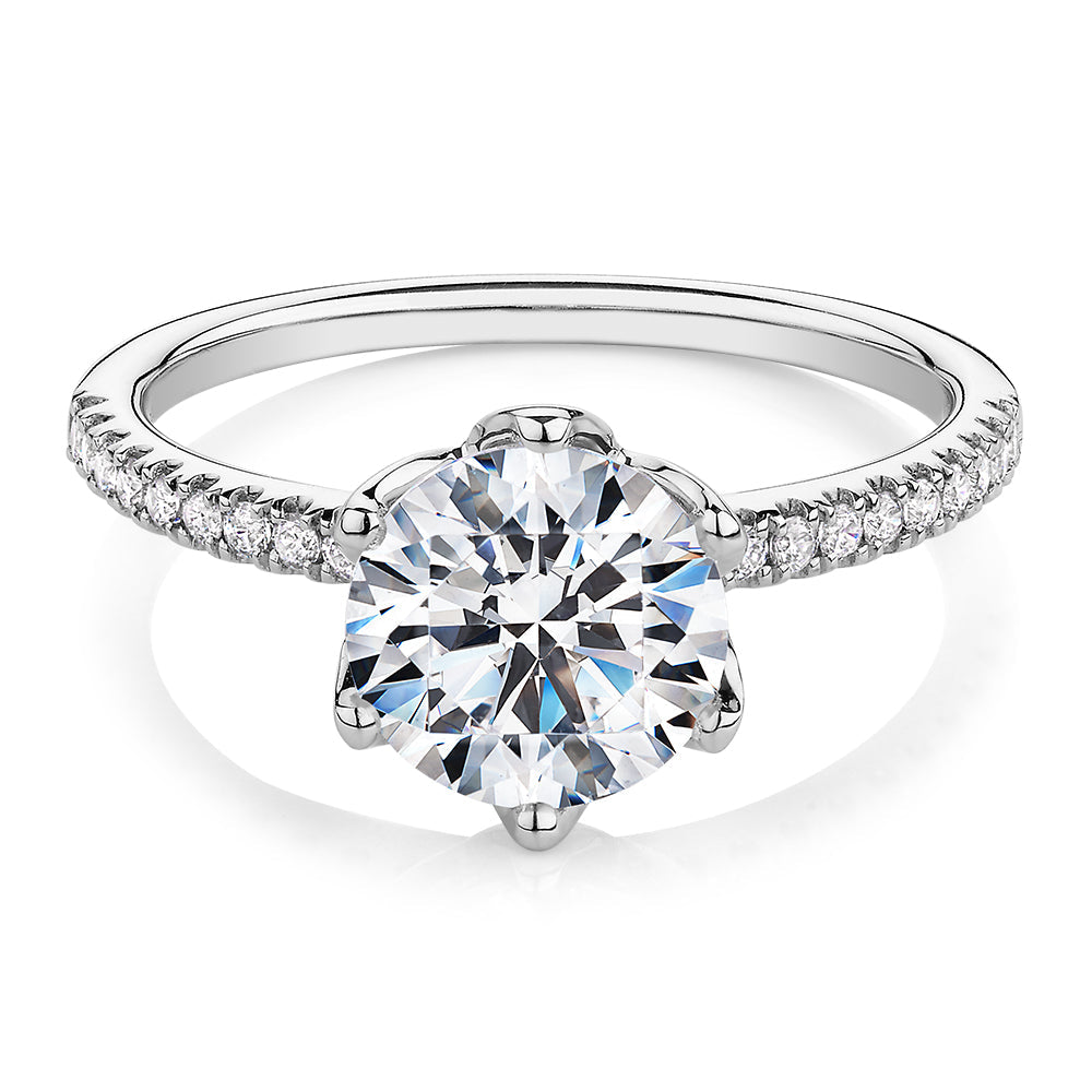 Round Brilliant shouldered engagement ring with 2.24 carats* of diamond simulants in 14 carat white gold