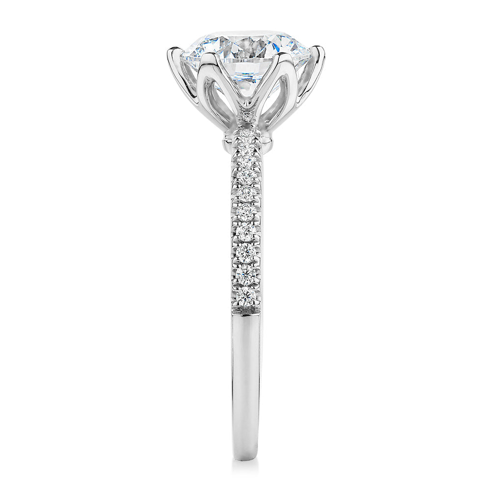 Round Brilliant shouldered engagement ring with 2.24 carats* of diamond simulants in 14 carat white gold