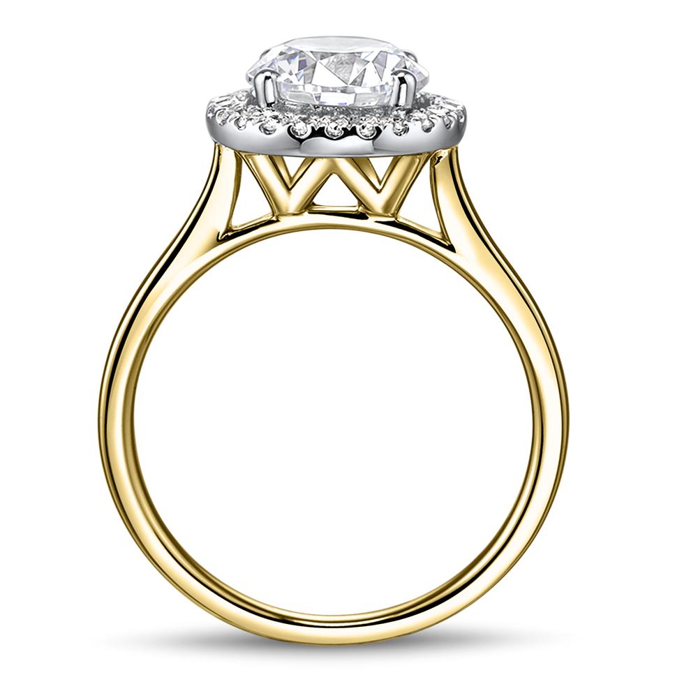 Round Brilliant halo engagement ring with 2.22 carats* of diamond simulants in 14 carat yellow and white gold