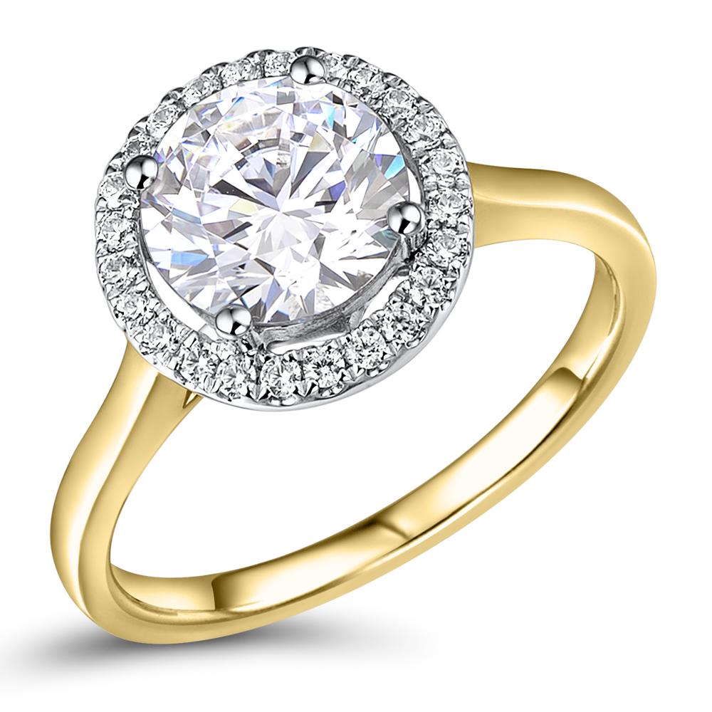 Round Brilliant halo engagement ring with 2.22 carats* of diamond simulants in 14 carat yellow and white gold