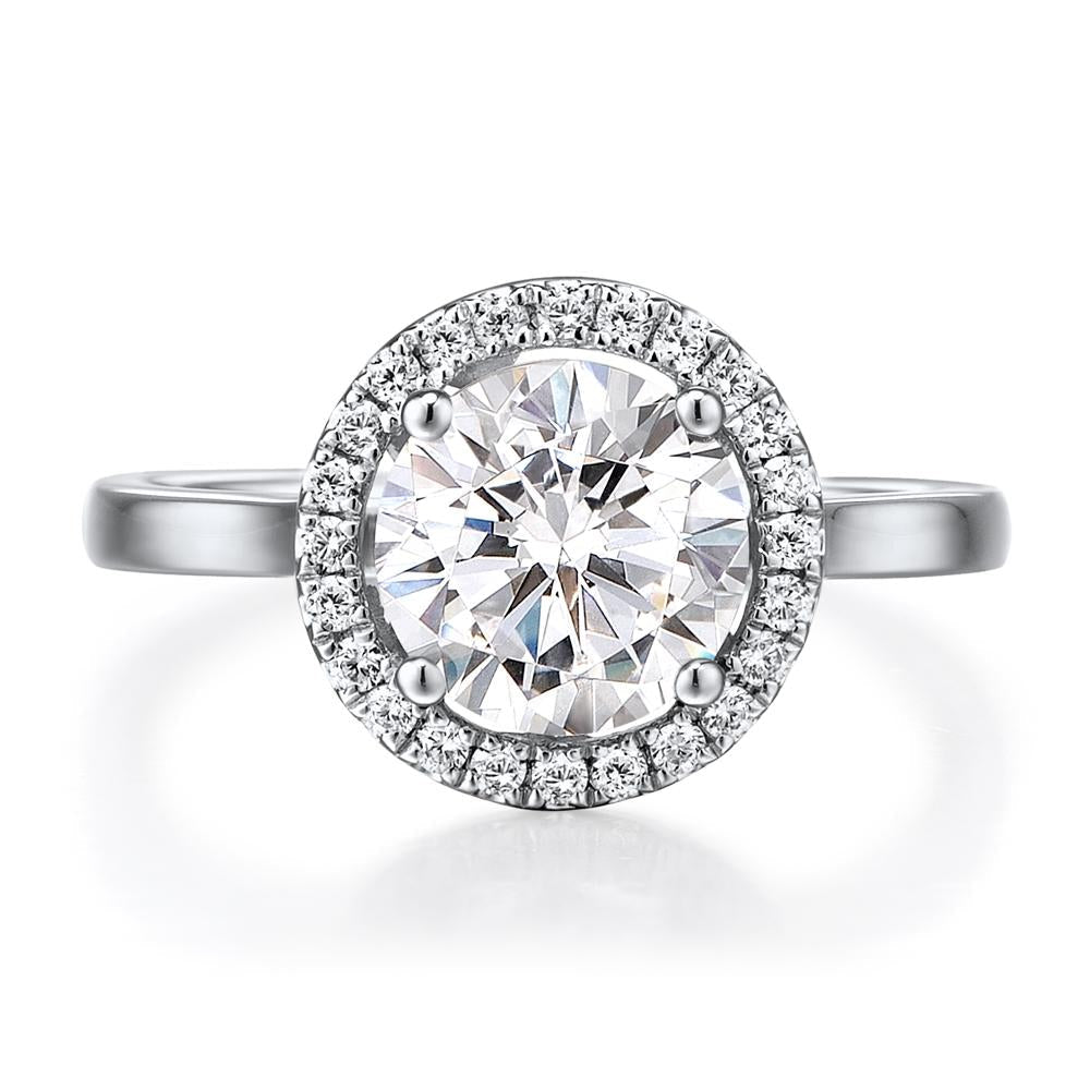 Round Brilliant halo engagement ring with 2.22 carats* of diamond simulants in 14 carat white gold