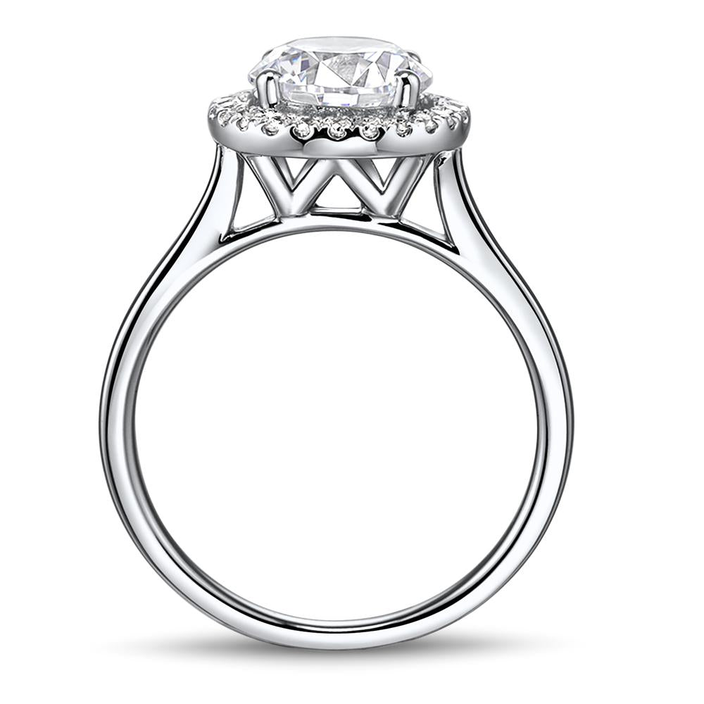 Round Brilliant halo engagement ring with 2.22 carats* of diamond simulants in 14 carat white gold