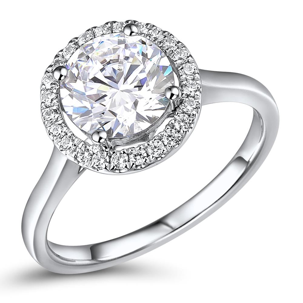 Round Brilliant halo engagement ring with 2.22 carats* of diamond simulants in 14 carat white gold