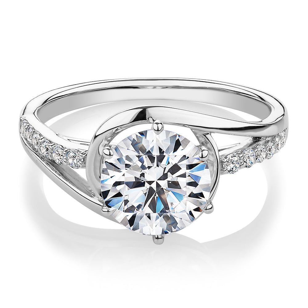 Round Brilliant shouldered engagement ring with 2.18 carats* of diamond simulants in 14 carat white gold