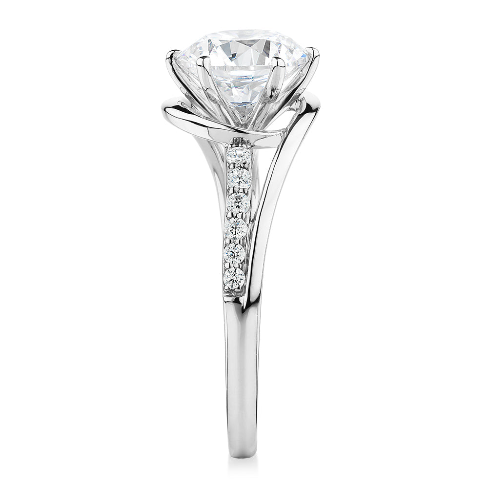 Round Brilliant shouldered engagement ring with 2.18 carats* of diamond simulants in 14 carat white gold
