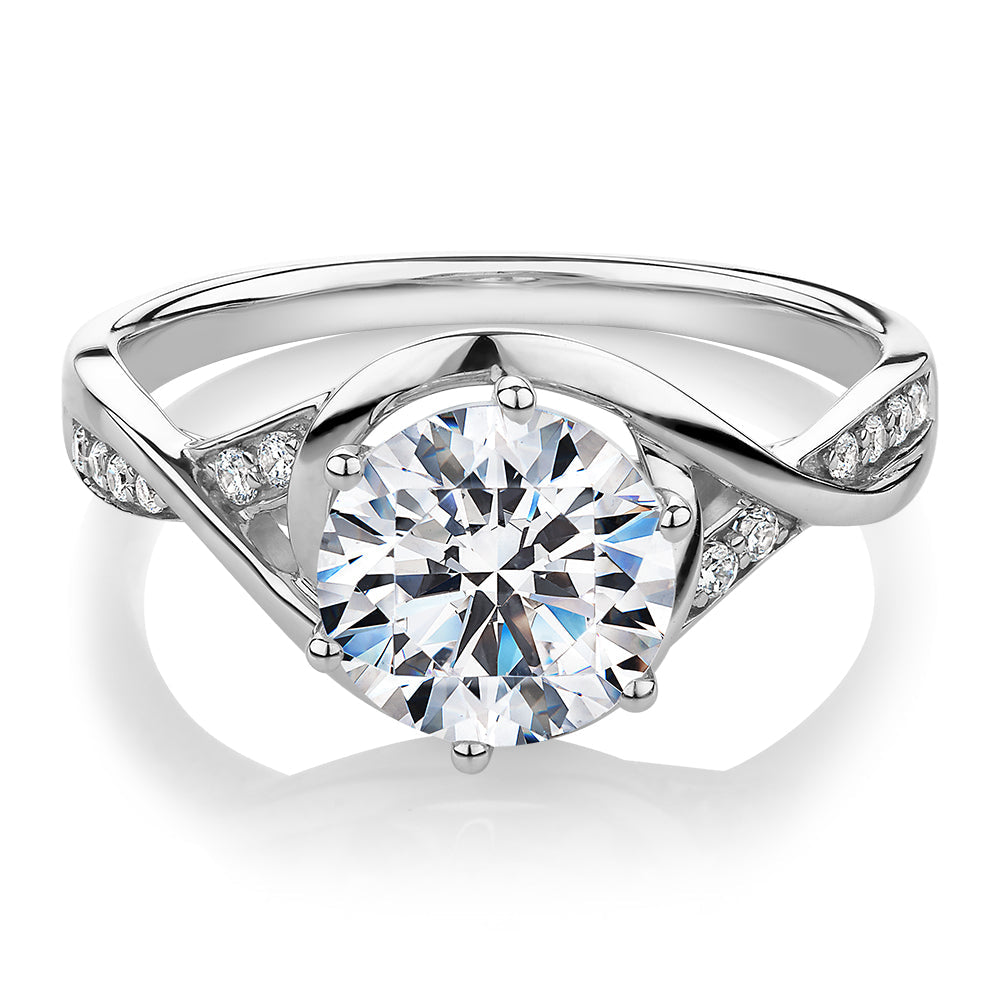 Round Brilliant shouldered engagement ring with 2.13 carats* of diamond simulants in 14 carat white gold