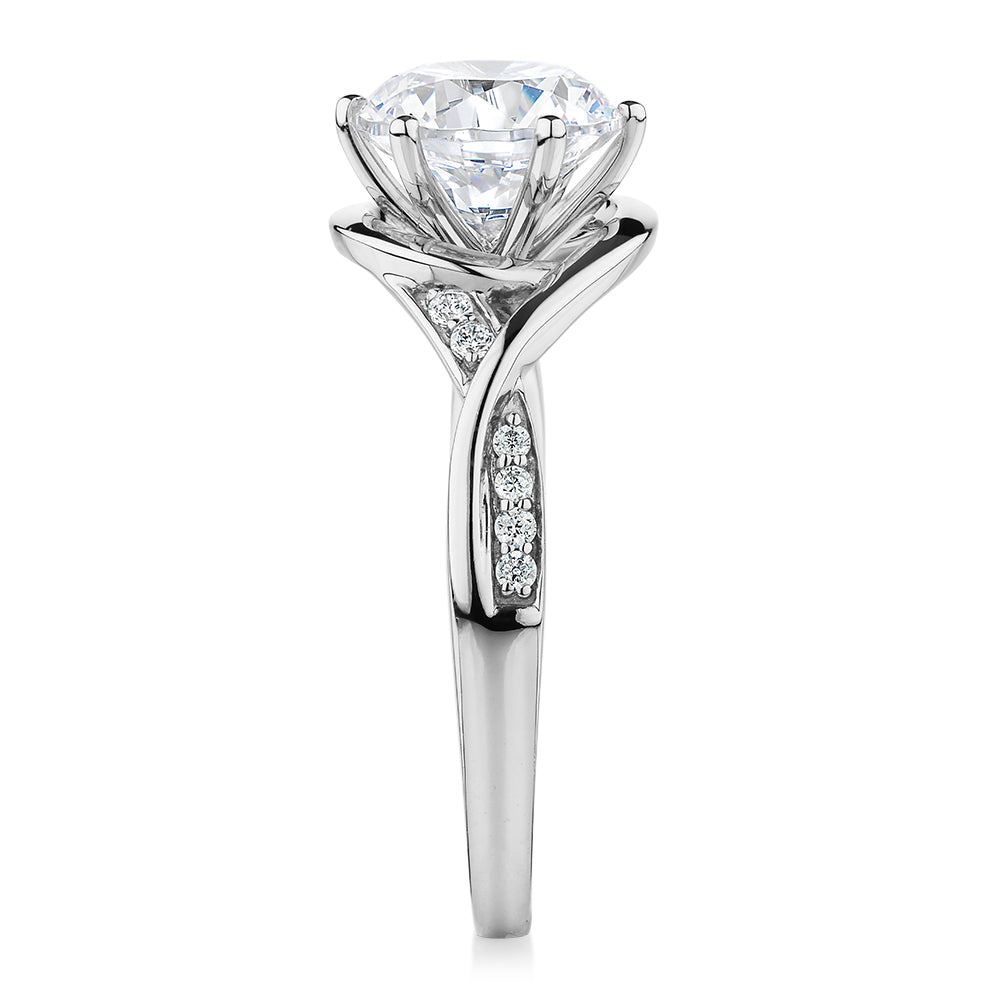 Round Brilliant shouldered engagement ring with 2.13 carats* of diamond simulants in 14 carat white gold