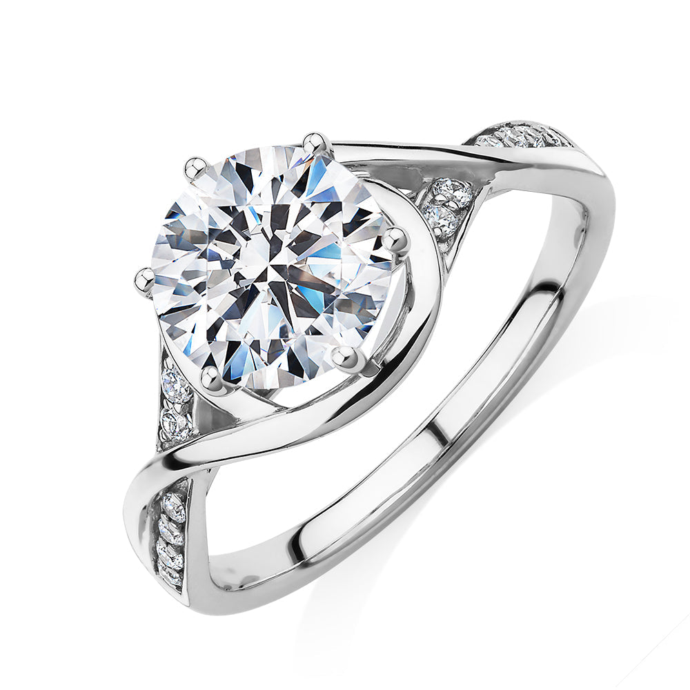 Round Brilliant shouldered engagement ring with 2.13 carats* of diamond simulants in 14 carat white gold
