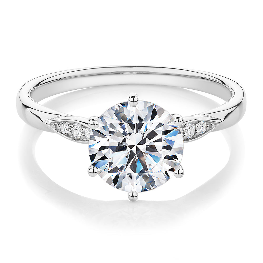 Round Brilliant shouldered engagement ring with 2.08 carats* of diamond simulants in 14 carat white gold