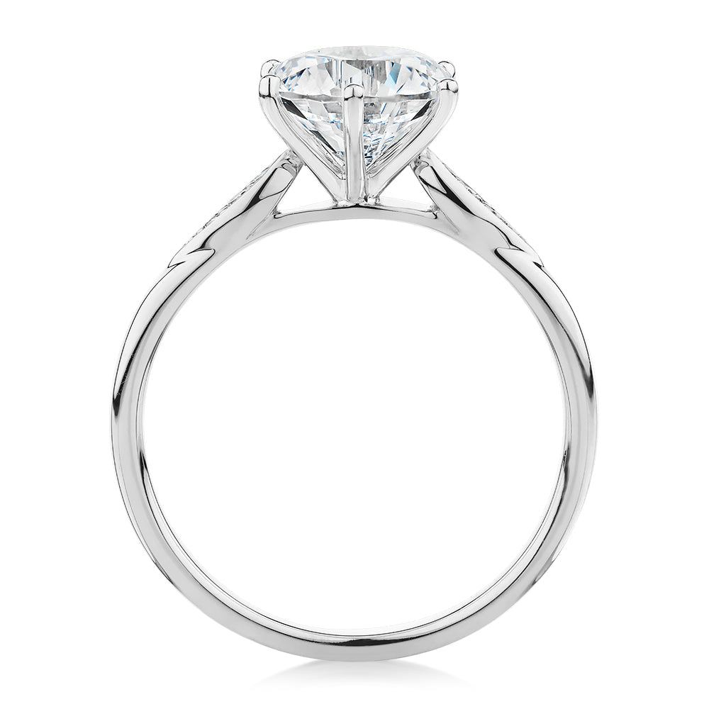 Round Brilliant shouldered engagement ring with 2.08 carats* of diamond simulants in 14 carat white gold