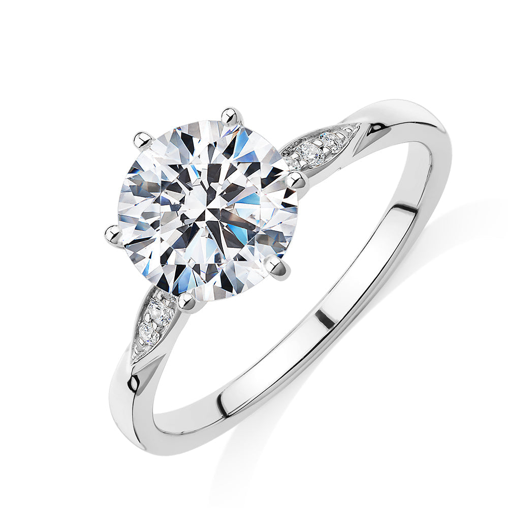 Round Brilliant shouldered engagement ring with 2.08 carats* of diamond simulants in 14 carat white gold