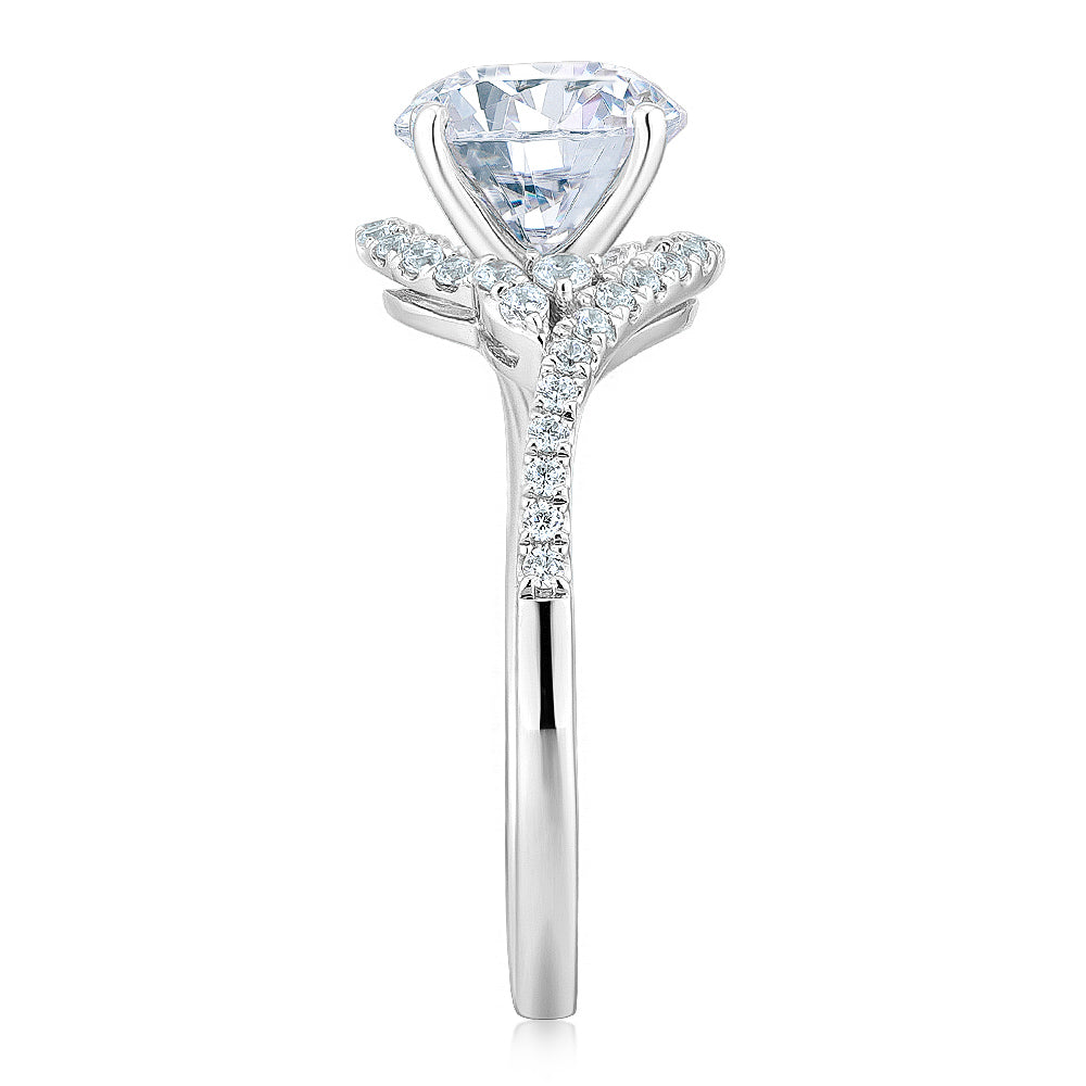 Round Brilliant shouldered engagement ring with 2.27 carats* of diamond simulants in 14 carat white gold