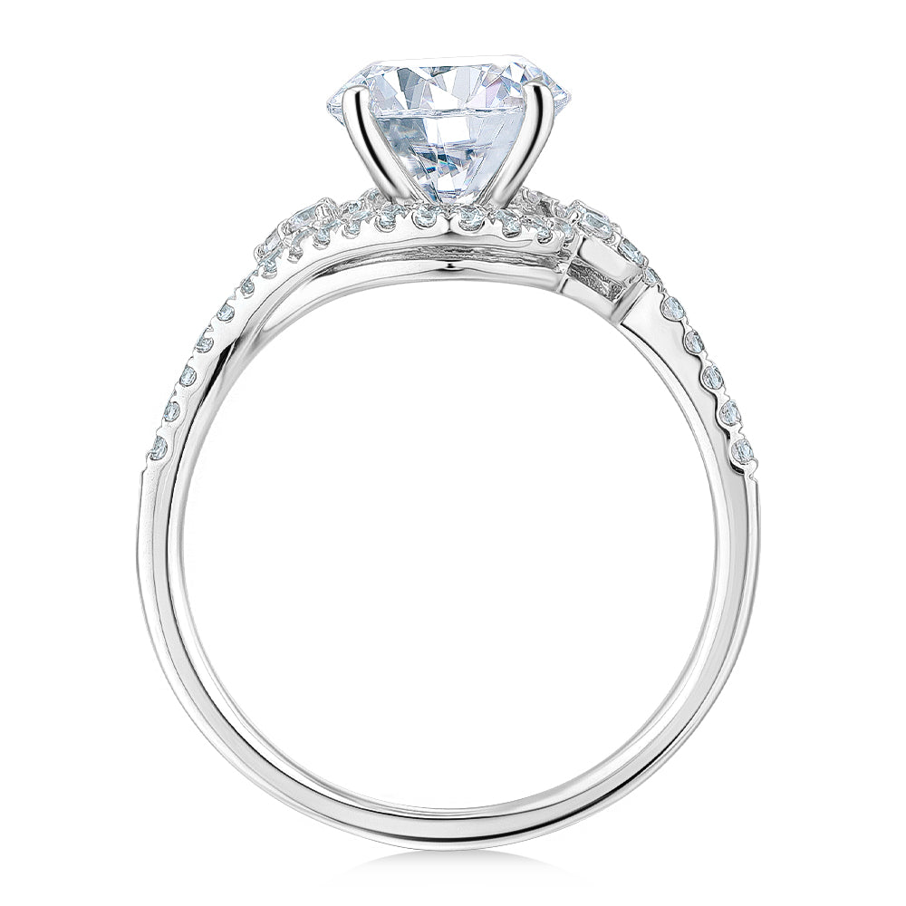 Round Brilliant shouldered engagement ring with 2.27 carats* of diamond simulants in 14 carat white gold