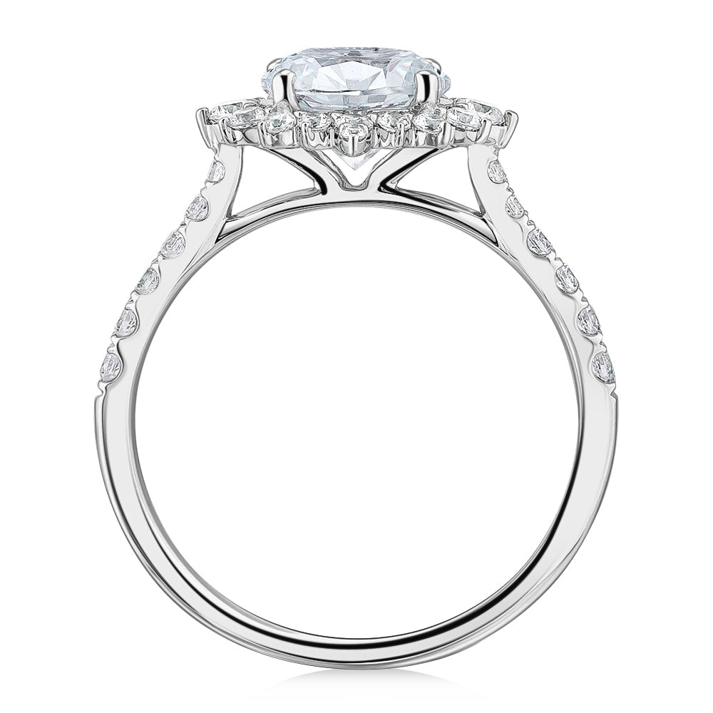 Round Brilliant shouldered engagement ring with 2.09 carats* of diamond simulants in 14 carat white gold