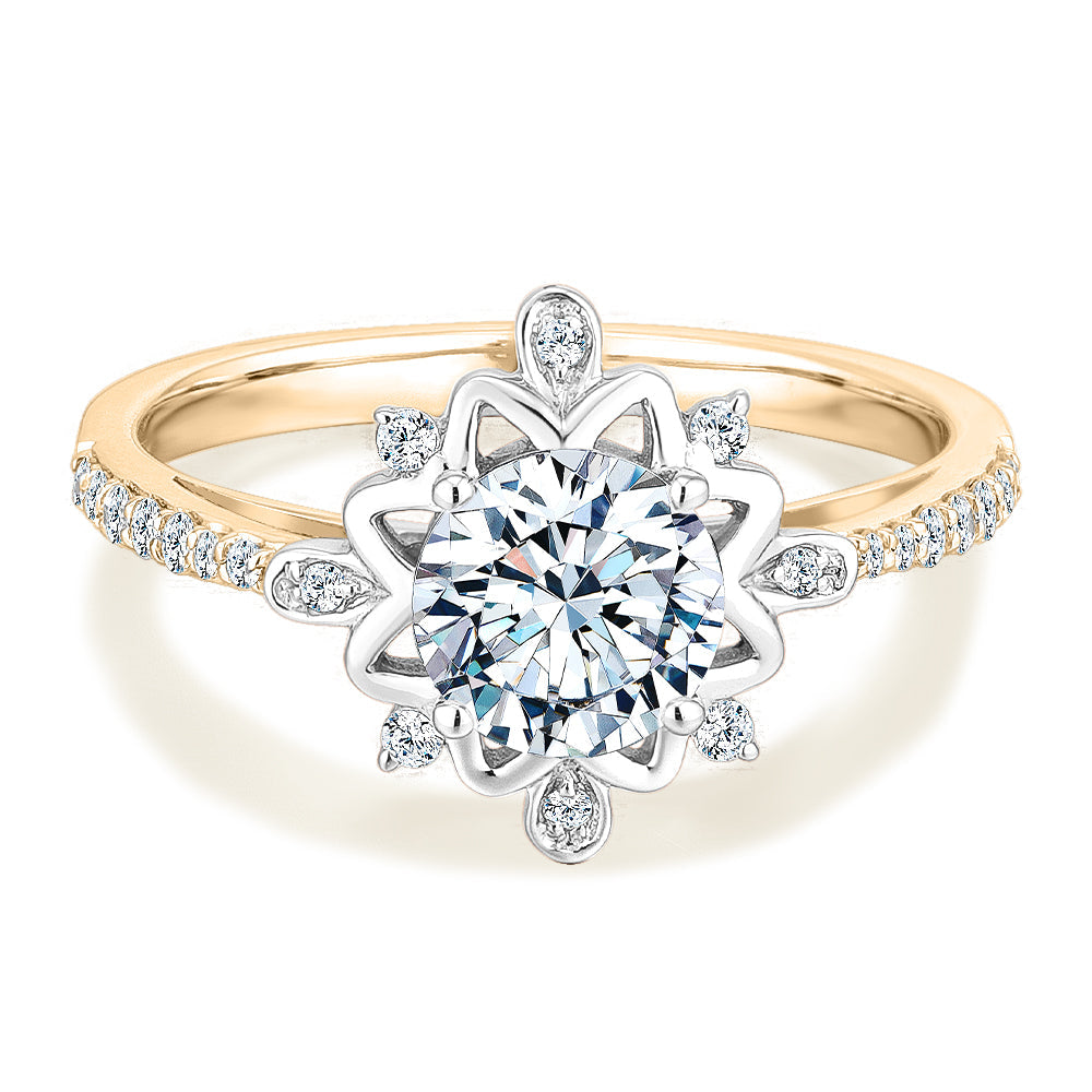 Round Brilliant shouldered engagement ring with 1.21 carats* of diamond simulants in 14 carat yellow and white gold