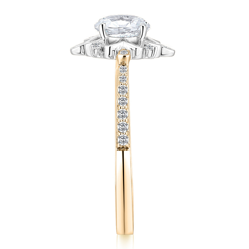 Round Brilliant shouldered engagement ring with 1.21 carats* of diamond simulants in 14 carat yellow and white gold