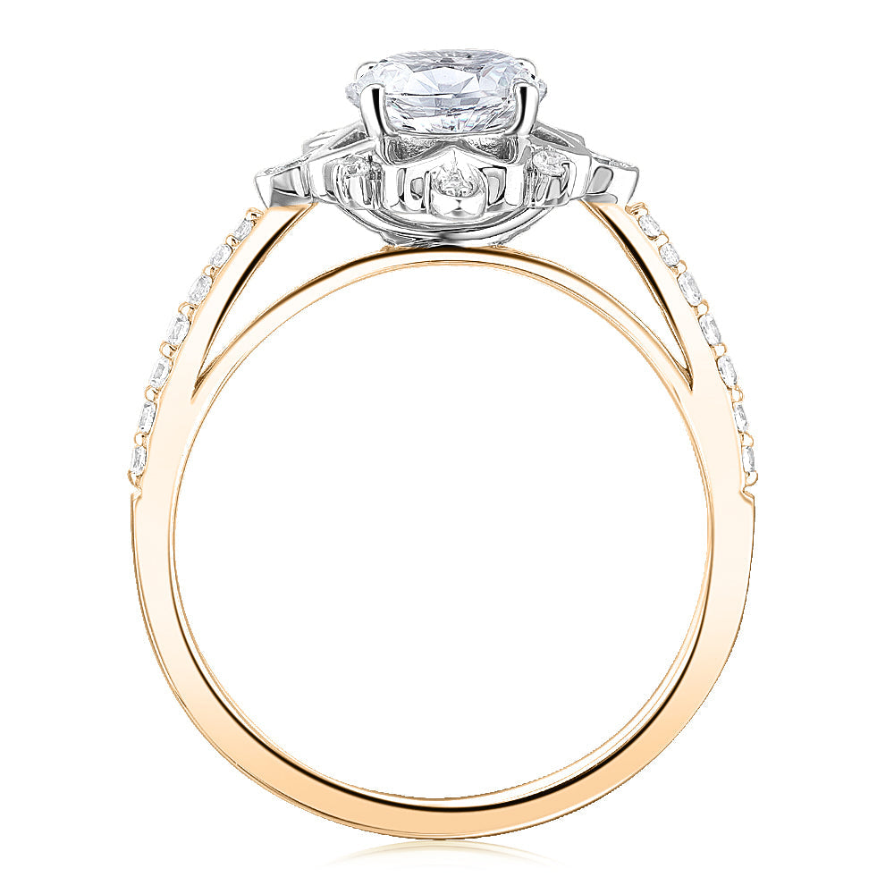 Round Brilliant shouldered engagement ring with 1.21 carats* of diamond simulants in 14 carat yellow and white gold