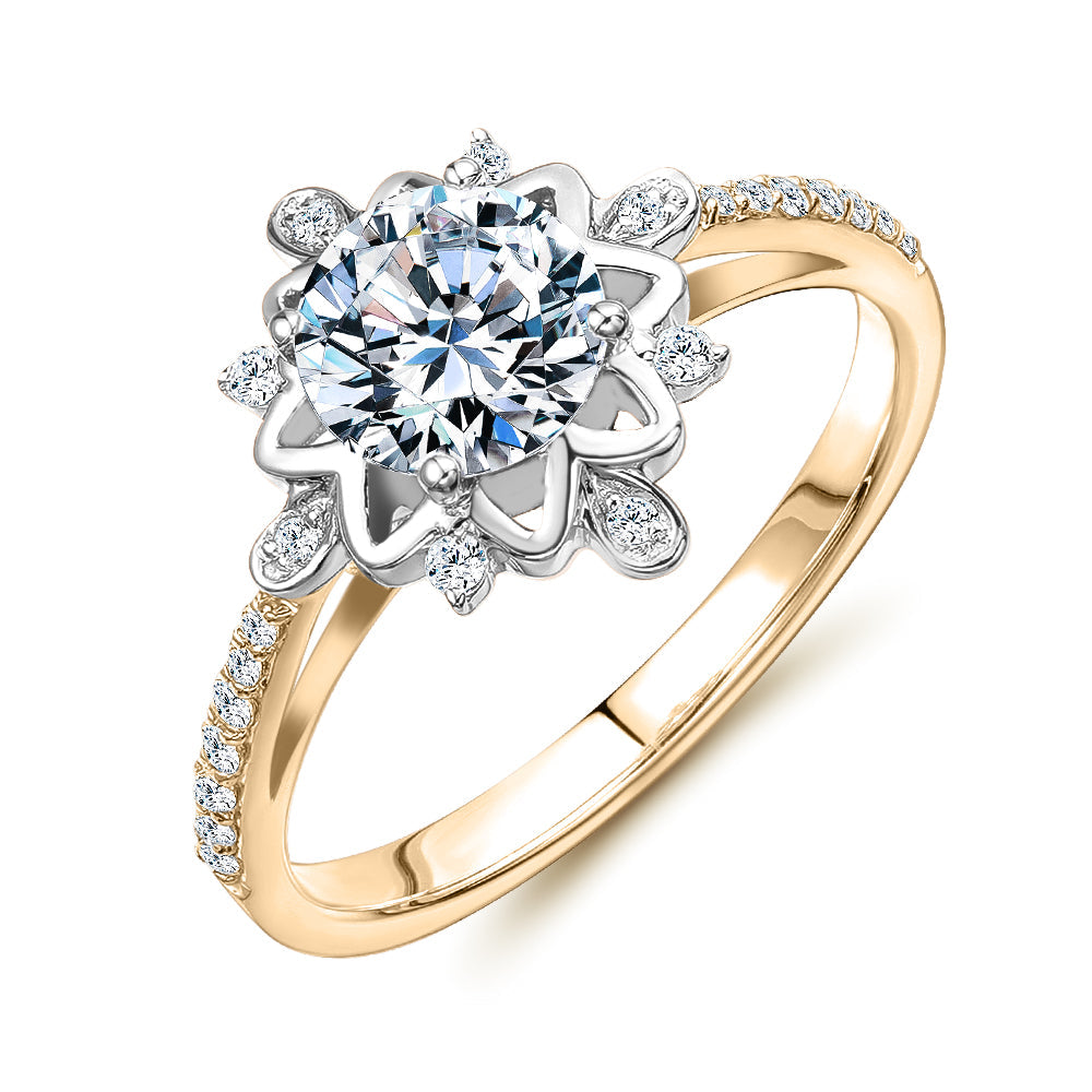 Round Brilliant shouldered engagement ring with 1.21 carats* of diamond simulants in 14 carat yellow and white gold