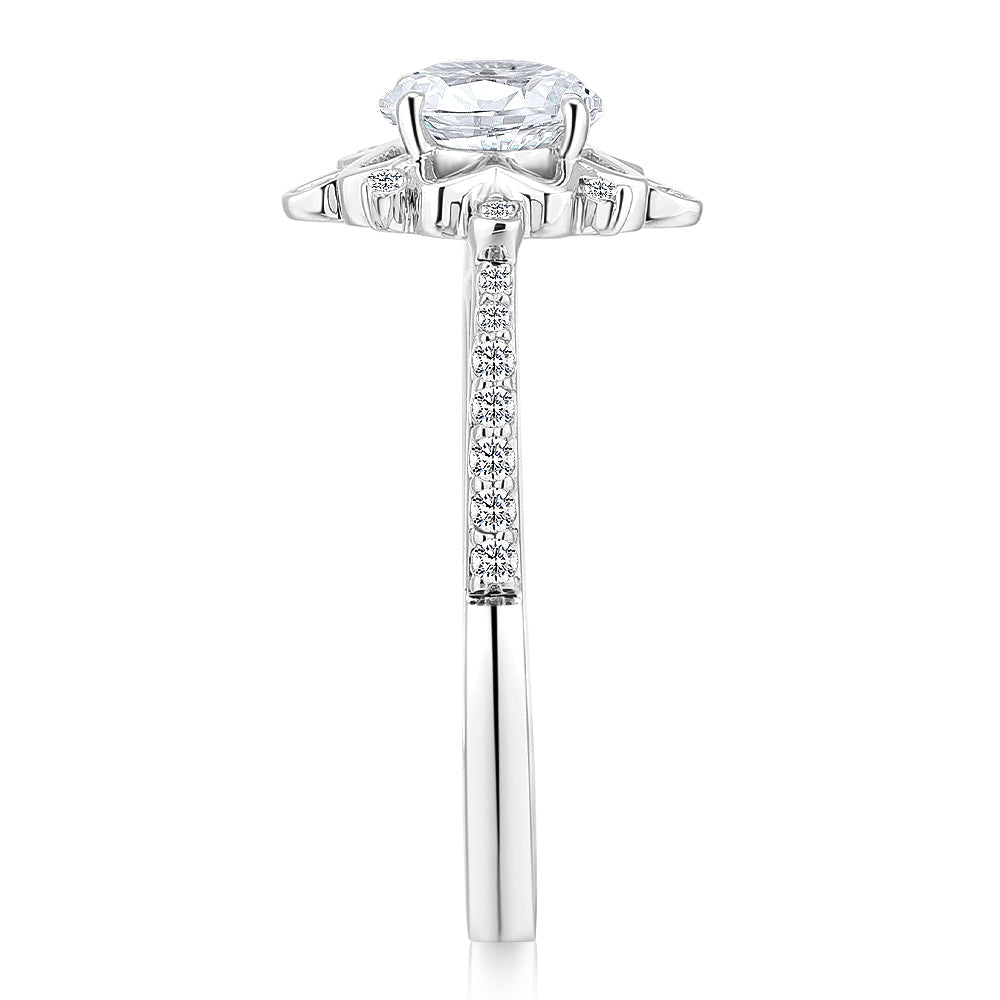 Round Brilliant shouldered engagement ring with 1.21 carats* of diamond simulants in 14 carat white gold