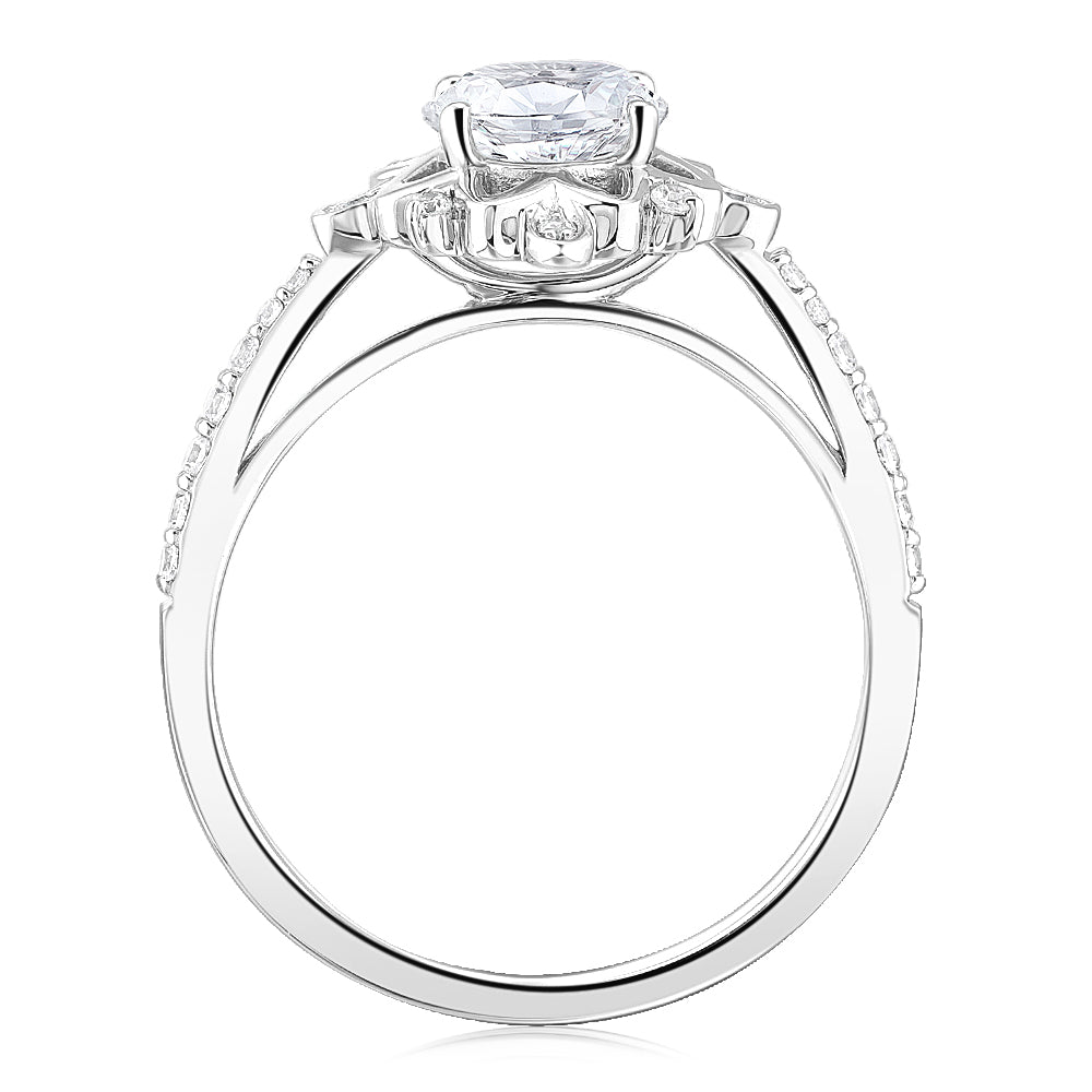 Round Brilliant shouldered engagement ring with 1.21 carats* of diamond simulants in 14 carat white gold
