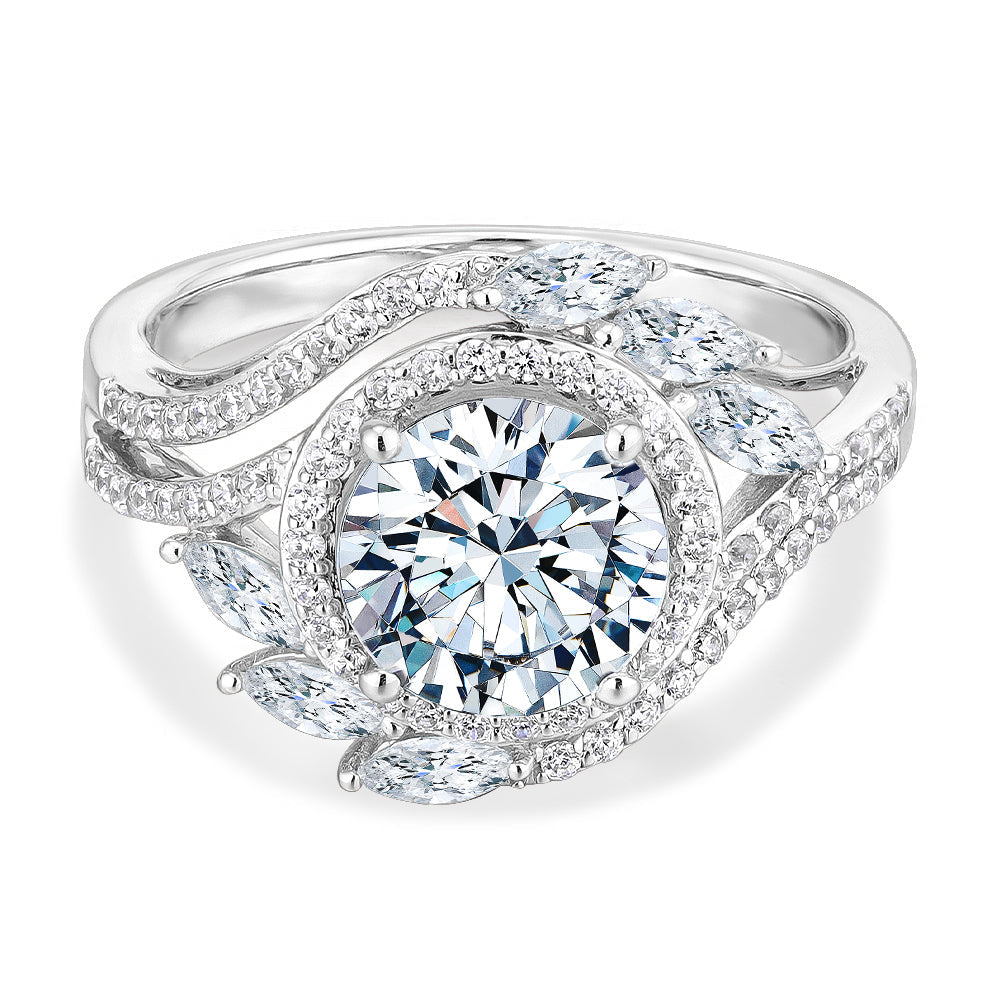 Round Brilliant halo engagement ring with 2.97 carats* of diamond simulants in 14 carat white gold