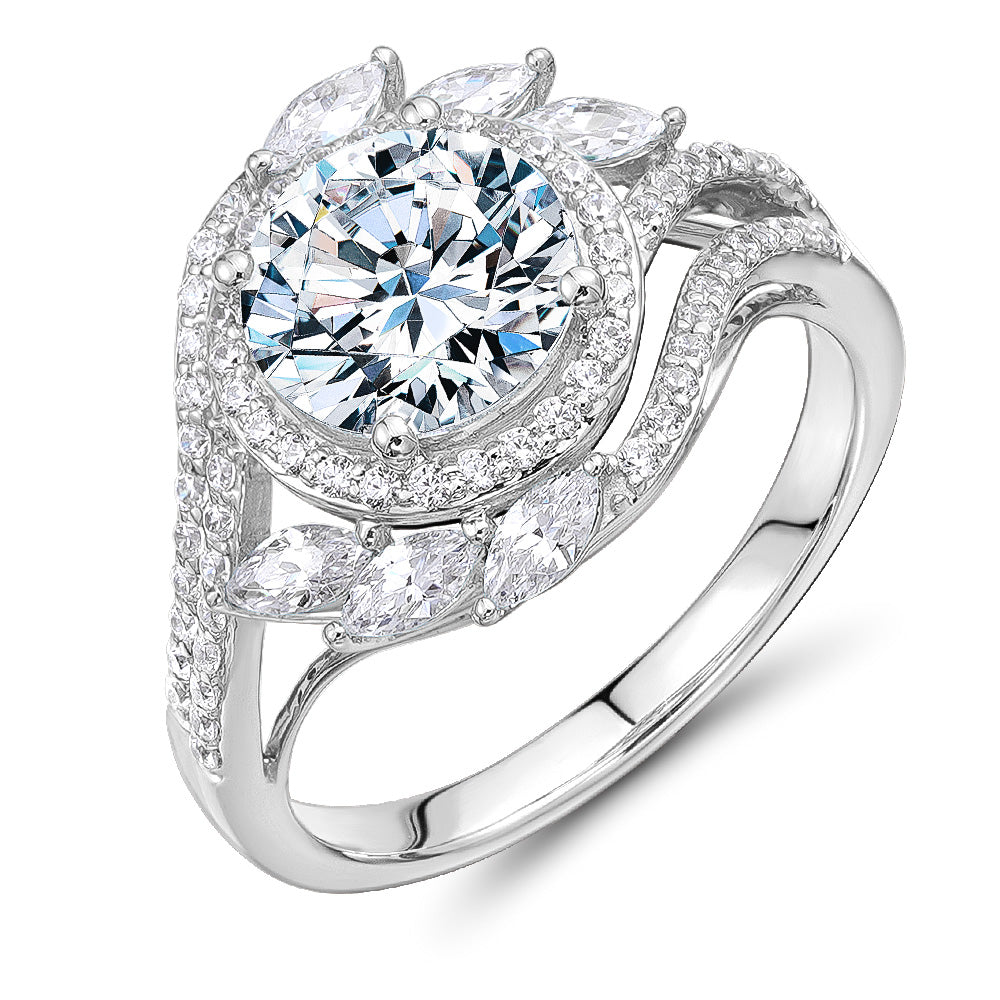 Round Brilliant halo engagement ring with 2.97 carats* of diamond simulants in 14 carat white gold