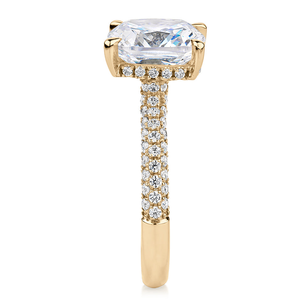 Cushion and Round Brilliant shouldered engagement ring with 3.84 carats* of diamond simulants in 10 carat yellow gold