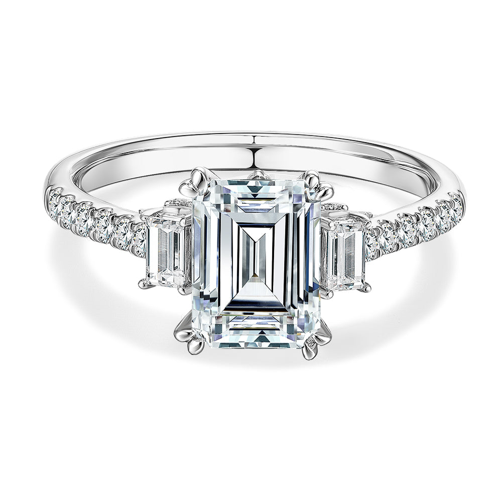 Three stone ring with 2.2 carats* of diamond simulants in 14 carat white gold