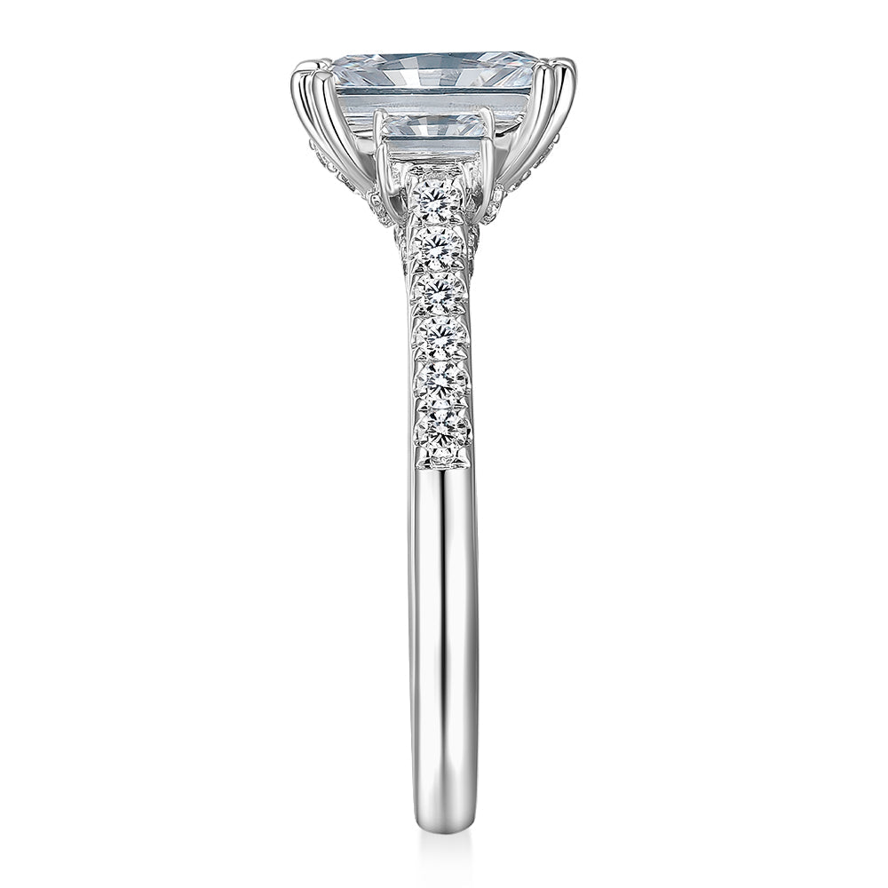 Three stone ring with 2.2 carats* of diamond simulants in 14 carat white gold
