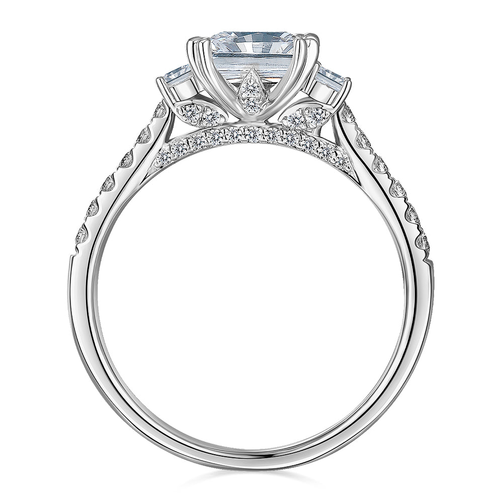 Three stone ring with 2.2 carats* of diamond simulants in 14 carat white gold