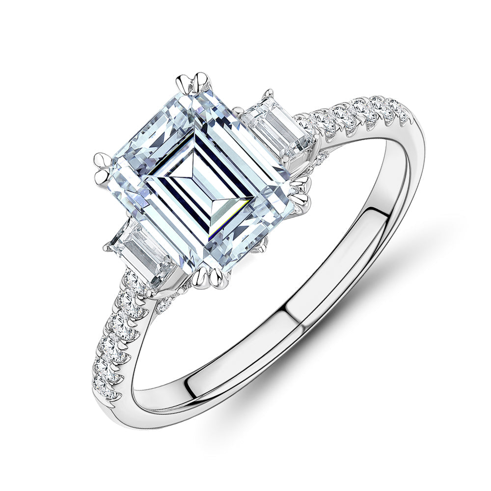 Three stone ring with 2.2 carats* of diamond simulants in 14 carat white gold