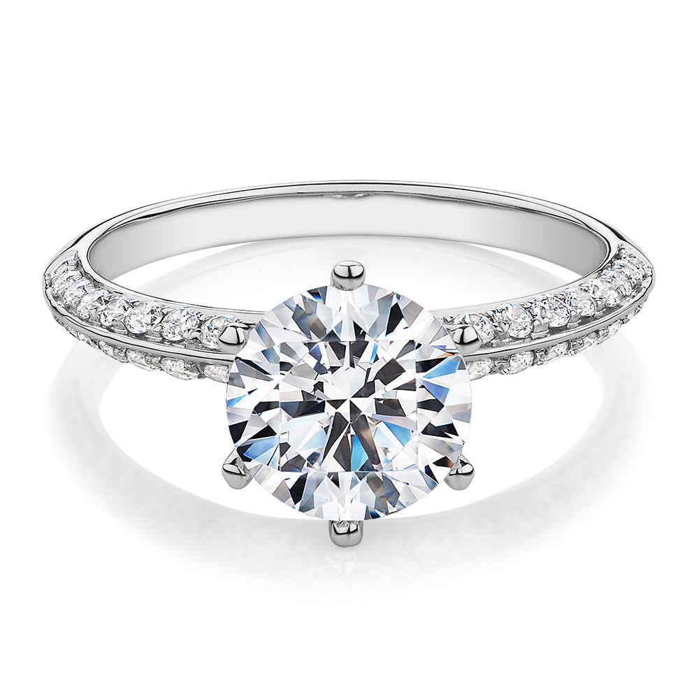 Round Brilliant shouldered engagement ring with 2.47 carats* of diamond simulants in 14 carat white gold