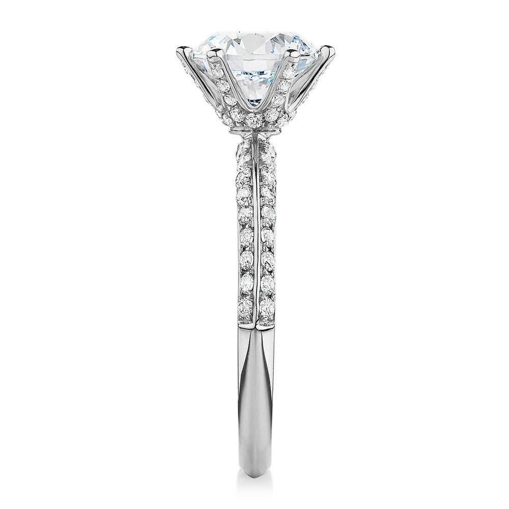Round Brilliant shouldered engagement ring with 2.47 carats* of diamond simulants in 14 carat white gold