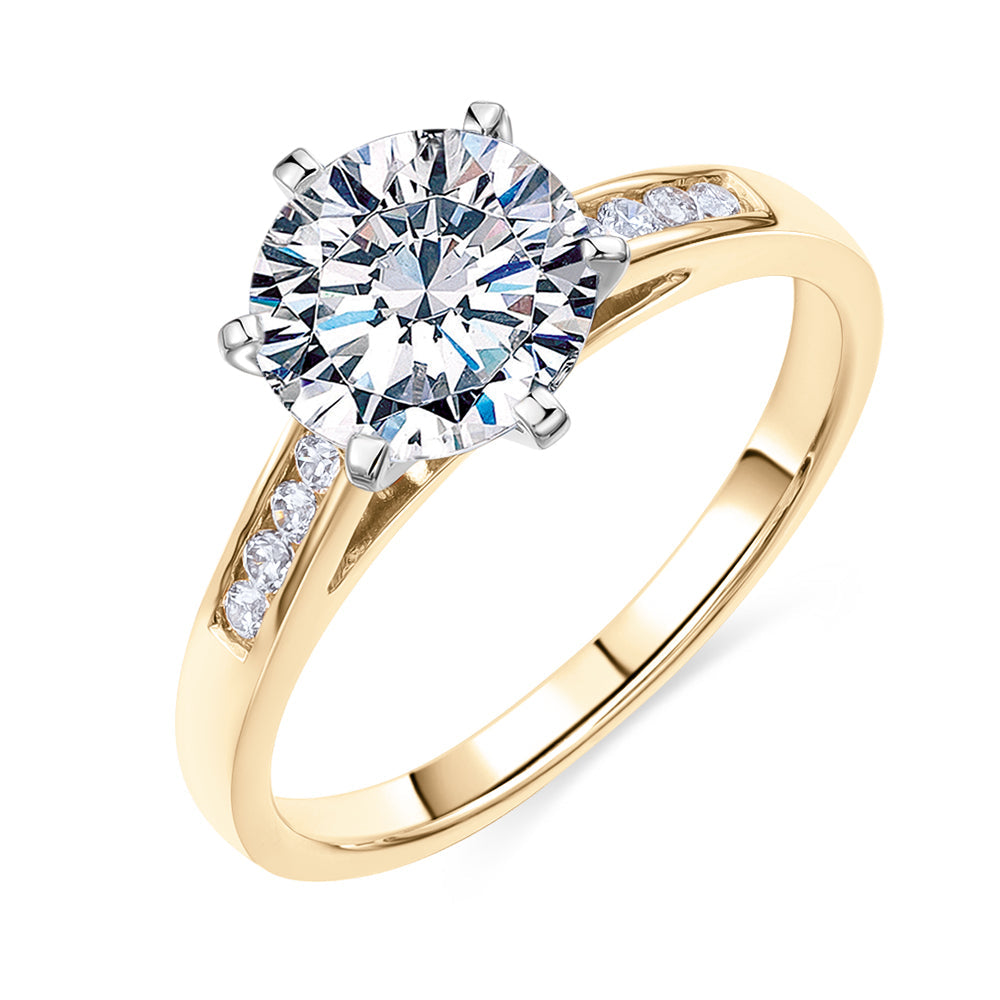 Round Brilliant shouldered engagement ring with 2.16 carats* of diamond simulants in 14 carat yellow and white gold