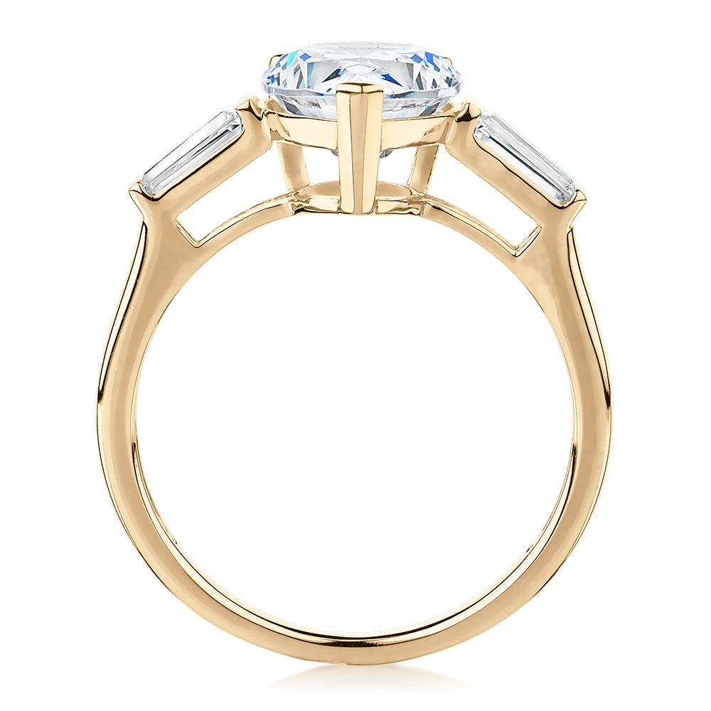 Pear shouldered engagement ring with 2.88 carats* of diamond simulants in 10 carat yellow gold