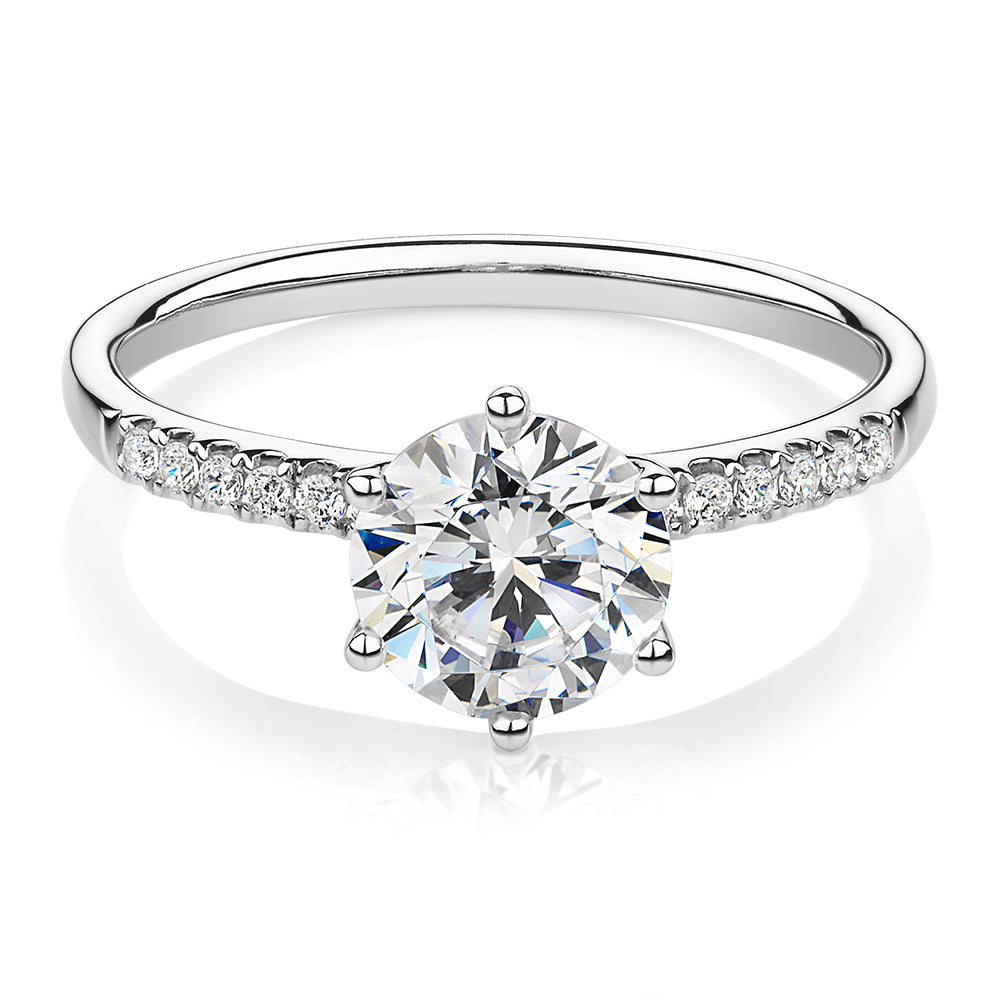 Round Brilliant shouldered engagement ring with 1.67 carats* of diamond simulants in 14 carat white gold